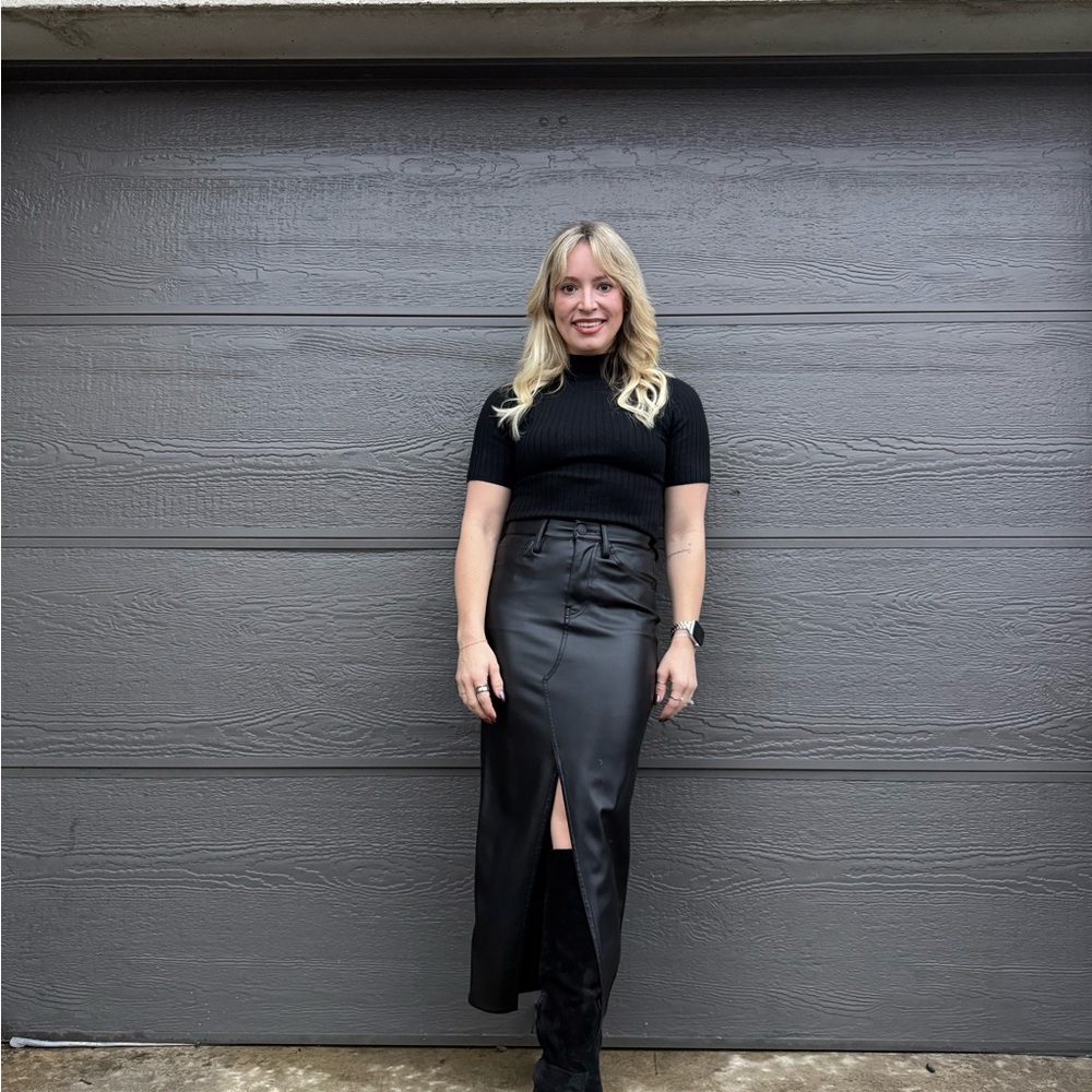 Hudson Black Faux Leather High-Waist Midi Skirt with Front Slit